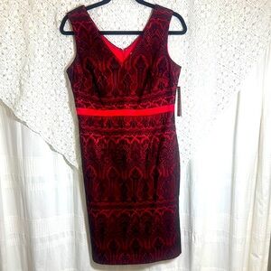 Merona Red Sleeveless V-Neck Sheath Dress With Black Lace Overlay NWT